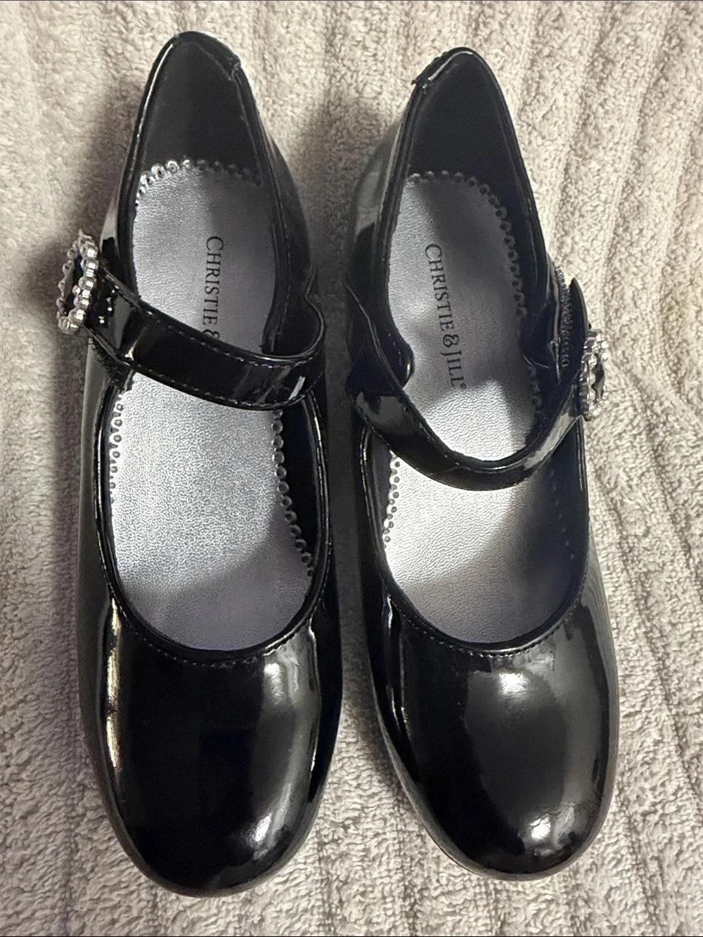 Christie & Jill Girls' Black Patent Mary Jane Dress Shoes with Rhinestone Buckle